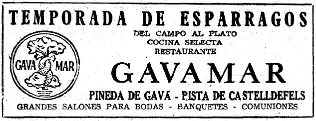 Anuncio de los esprragos del Restaurante Gavamar de Gav Mar publicado en el diario LA VANGUARDIA (9 de Mayo de 1957)